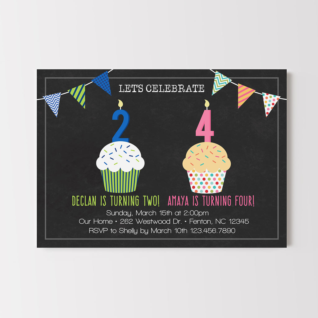 Birthday invitation card with cupcakes and candles for two and four birthdays on a blackboard background.