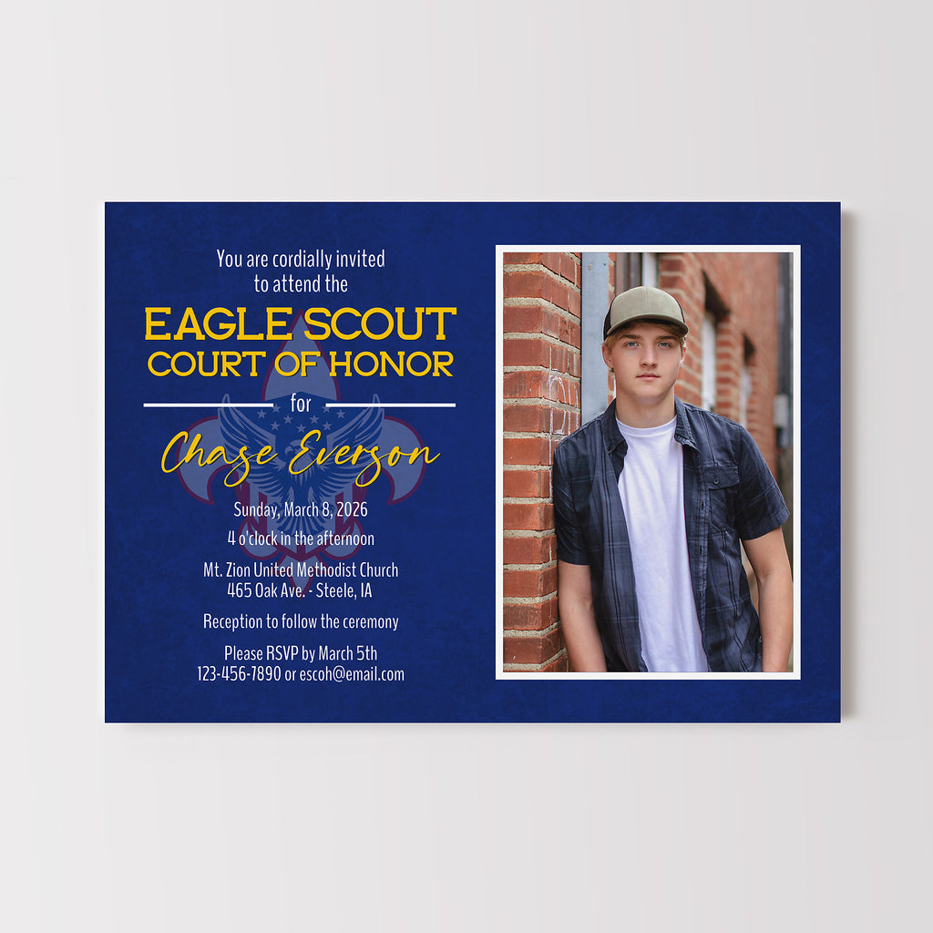 Eagle Scout Court of Honor invitation with a photo of a young man on a blue background