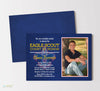 court of honor invitation for eagle scout ceremony with blue background, scout logo, yellow accents and a single photo on right, double sided