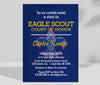 court of honor invitation for eagle scout ceremony with blue background, scout logo, yellow accents