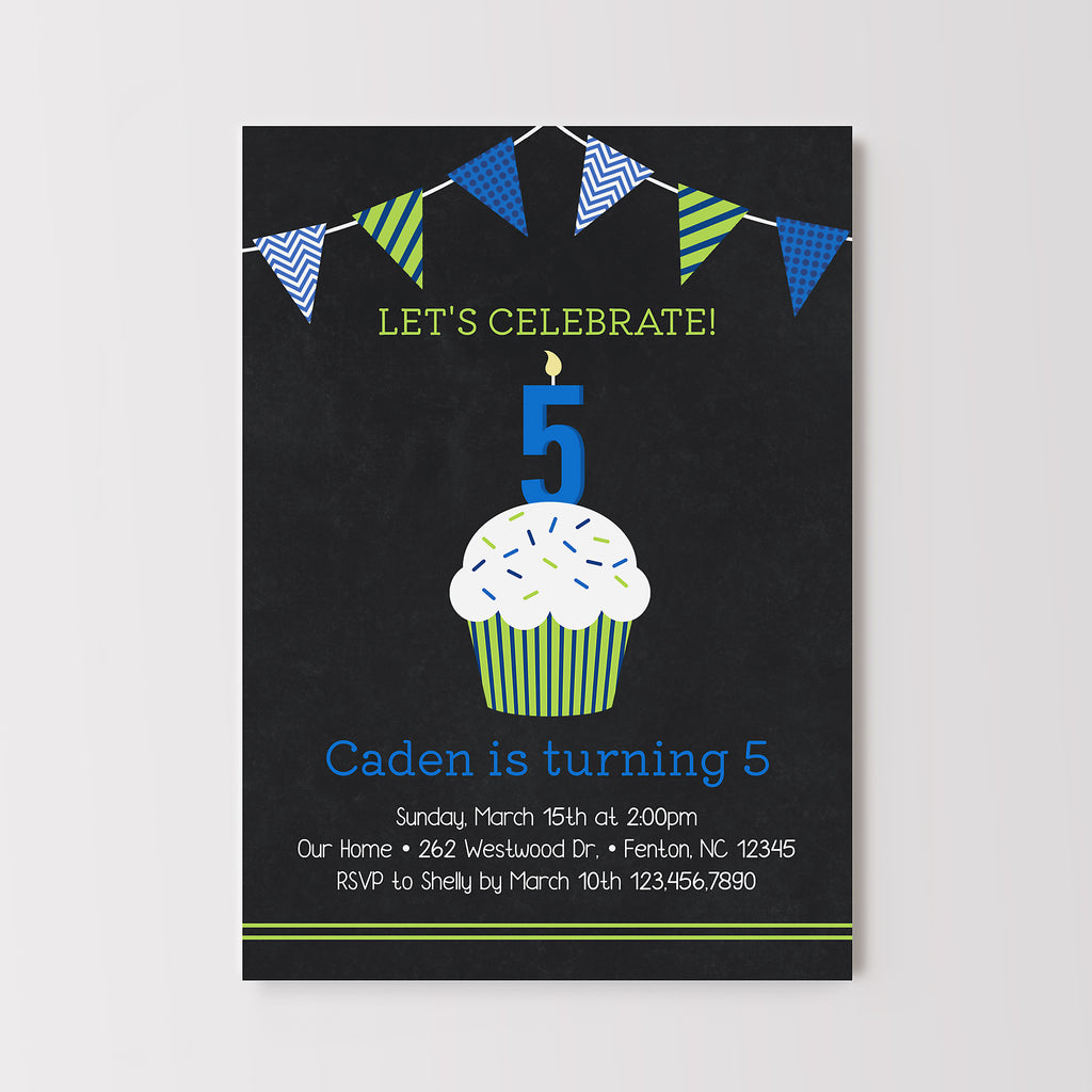 boys birthday invitation template with a black chalkboard style background, blue and green cupcake and bunting