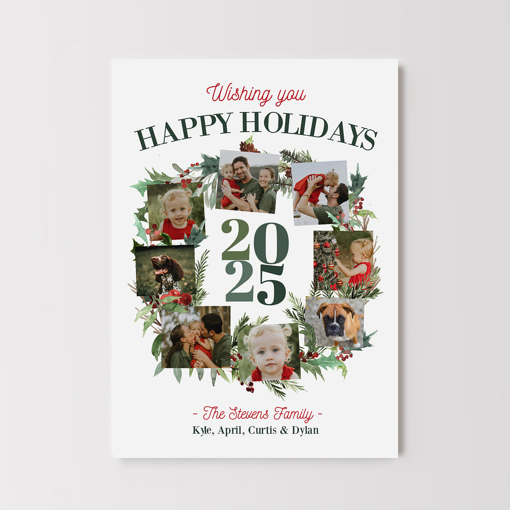Editable Christmas card template with a watercolor painted wreath that has 8 small photos on top.