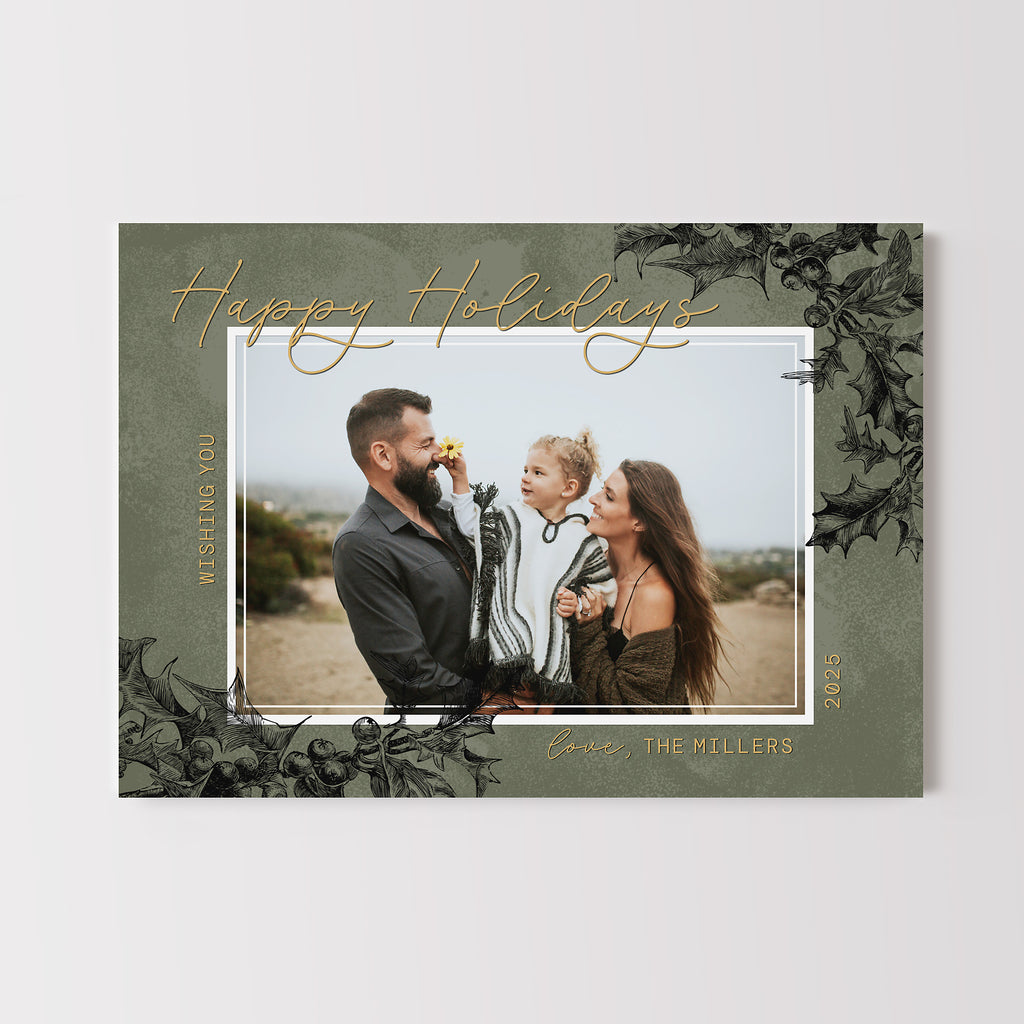 Holiday card with a family photo and decorative text on a green background