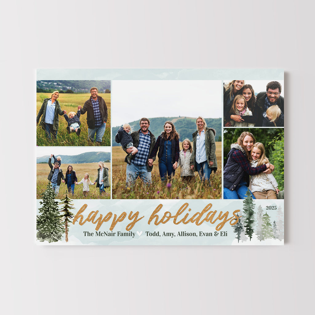 Holiday card template with a collage of 5 photos on a watercolor blue background with pine tree graphics 