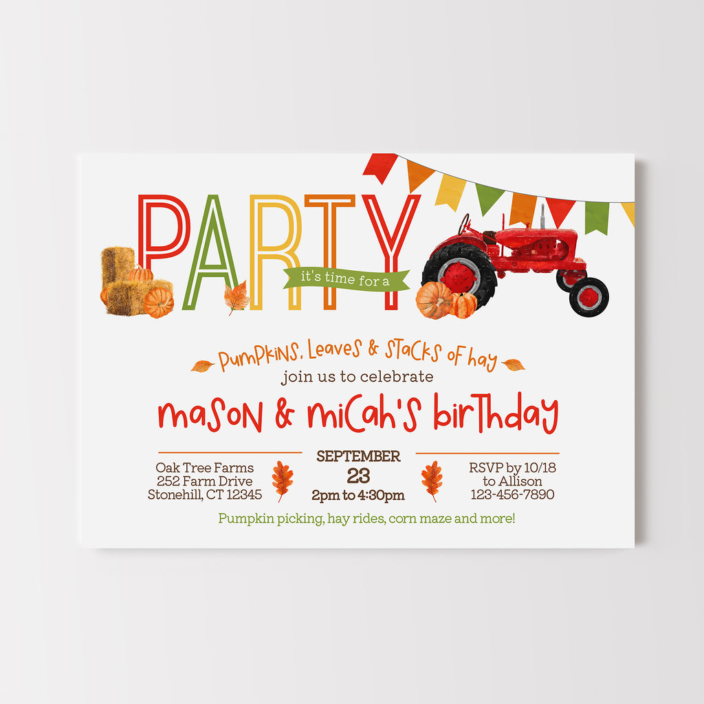 Fall invitation card with a red tractor, pumpkins, and colorful text on a white background