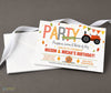 fall farm themed joint birthday invitation with red tractor, falling leaves and red, orange and green bunting, printed on cardstock
