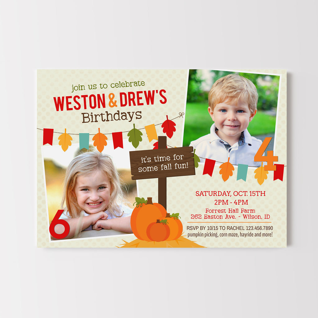 Children's birthday party invitation with photos of two children and fall-themed decorations.
