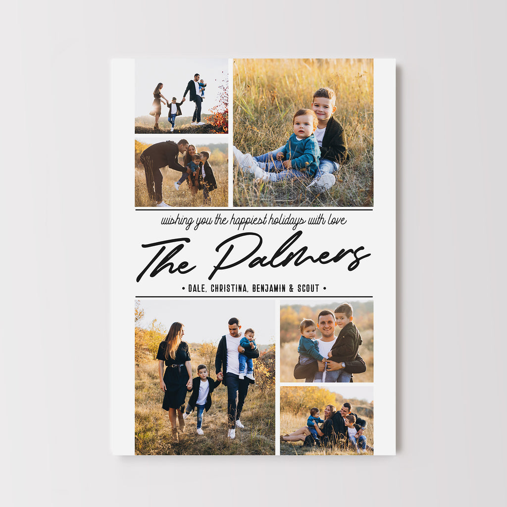 Holiday photo card with 6 photos, a white background, black text and the family name in a signature style in the center. 
