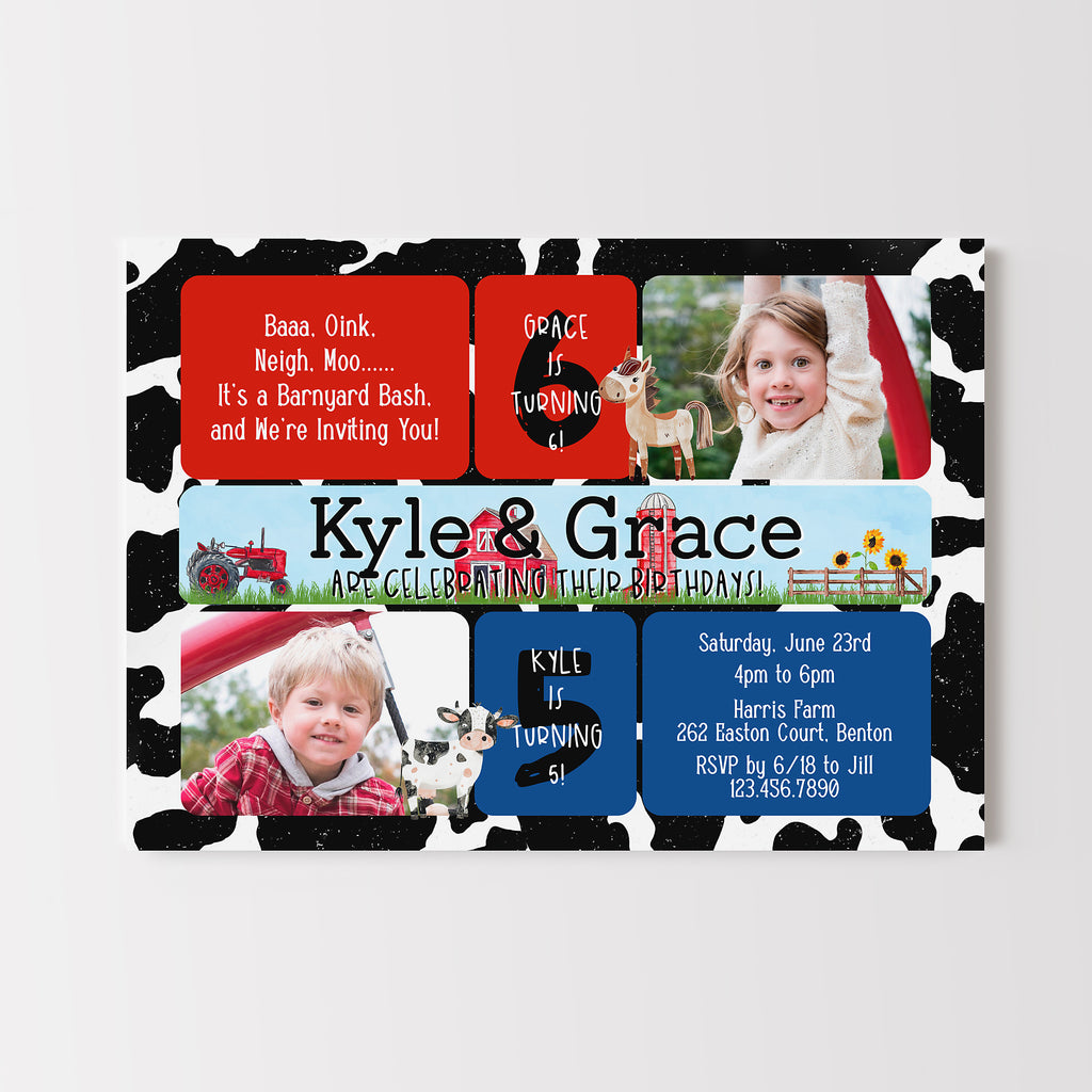 Farm-themed birthday invitation with photos of children and text details on a white background