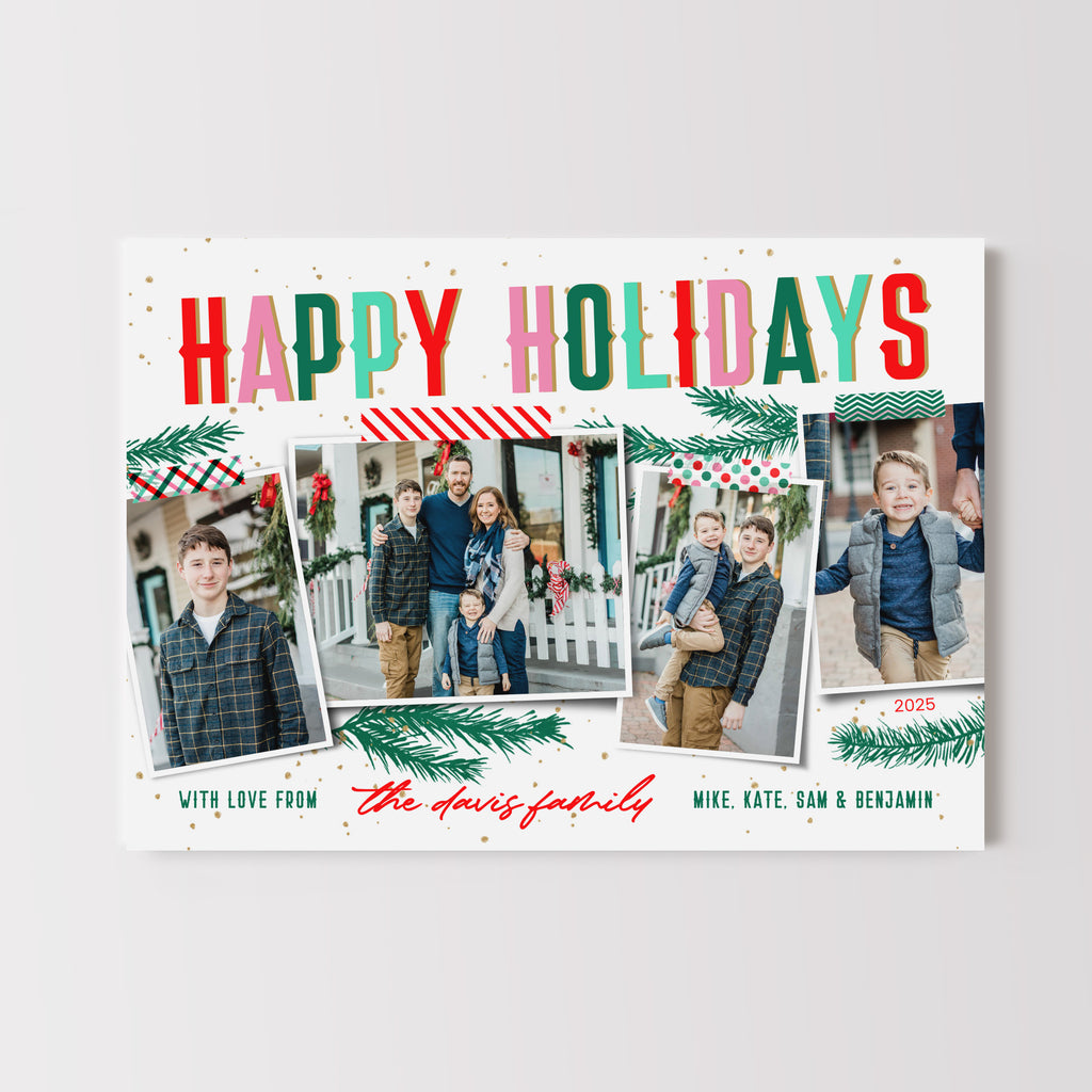 Holiday card with 'Happy Holidays' text and family photos on a white background