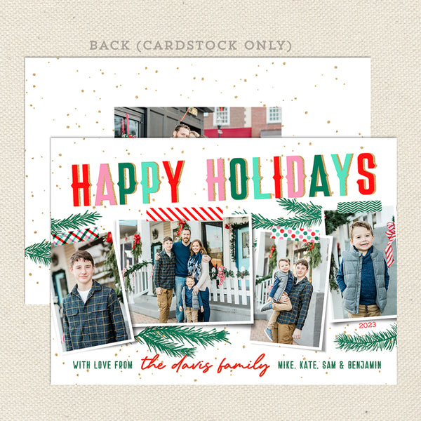 festive photos printable christmas photo card, white 5x7 four photo digital  pdf jpg file, landscape, white front