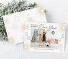 new year holiday photo card in landscape format with a single photo, cream background, black text and gold firework graphics