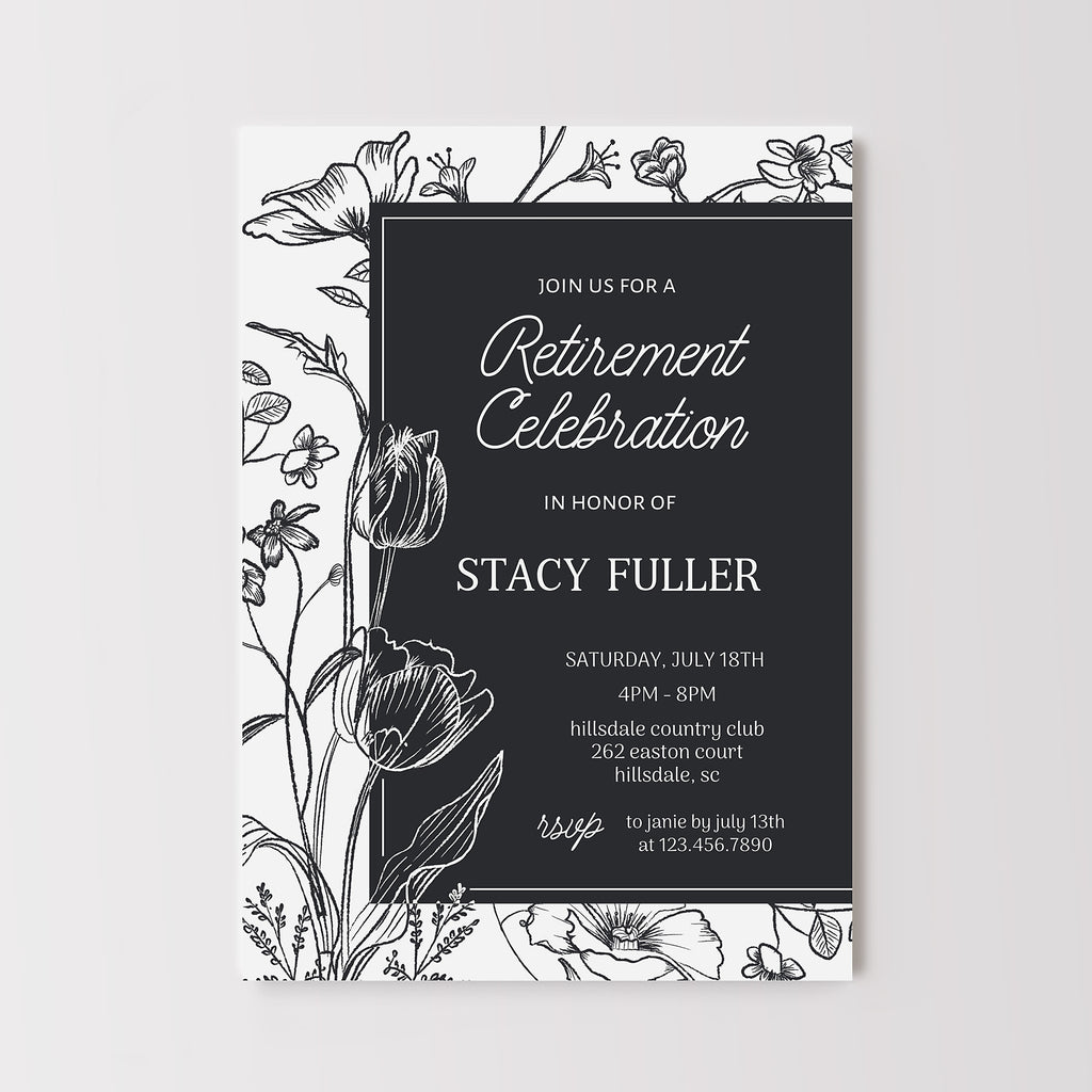 Retirement party invitation with a black and white color scheme and delicate line drawn wildflowers floral pattern