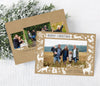 landscape oriented christmas card with a single photo on a kraft background framed by white folk style woodland animal graphics