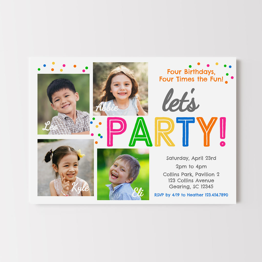 Children's birthday party invitation with photos of four children and colorful text.