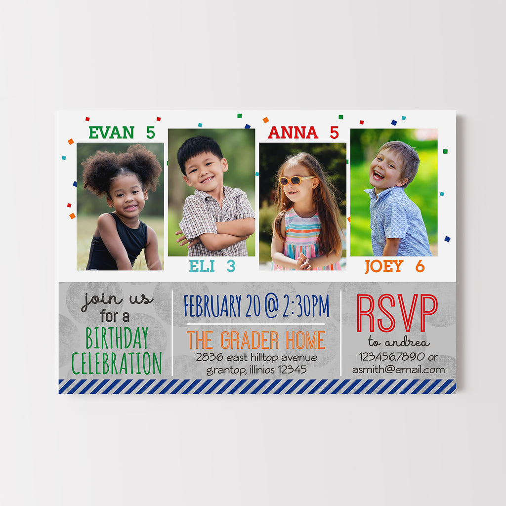 Children's birthday party invitation with photos of four children and event details.