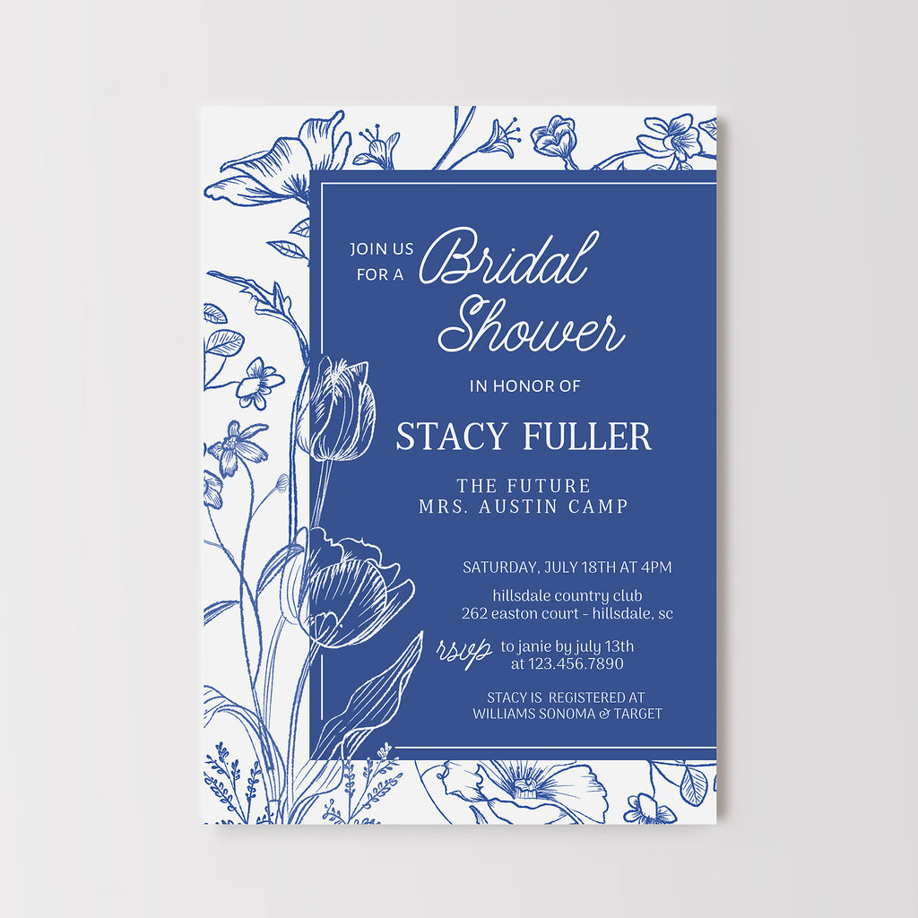 Floral bridal shower invitation with a french blue and white color scheme.