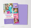 birthday party invitation for two girls with photos, pink and purple colors and cupcake detail