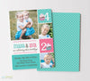 birthday party invitation for two children with photos, pink and teal colors and cupcake detail