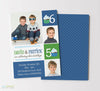 birthday party invitation for two boys with photos, green and blue colors and cupcake detail