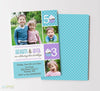 birthday party invitation for two children with photos, purple and blue colors and cupcake detail