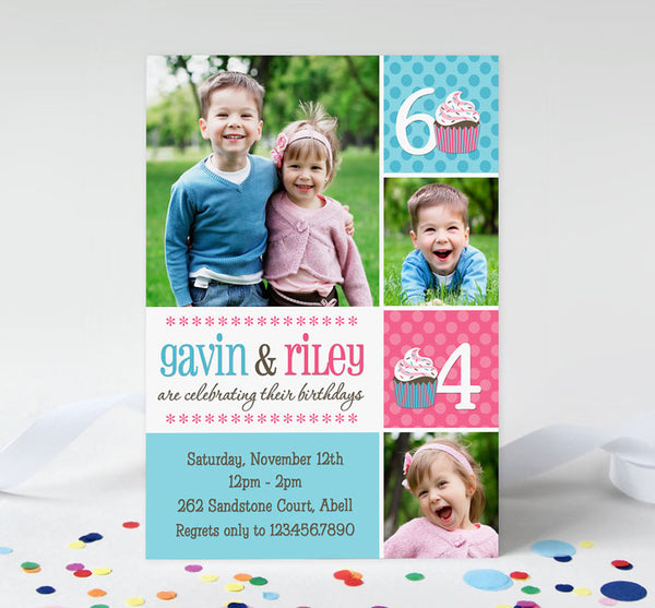 birthday party invitation for two children with photos, pink and blue colors and cupcake detail