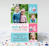 birthday party invitation for two children with photos, pink and blue colors and cupcake detail