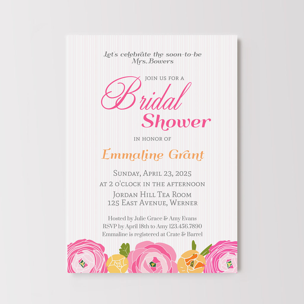 Garden themed bridal shower invitation with pink and orange flowers.