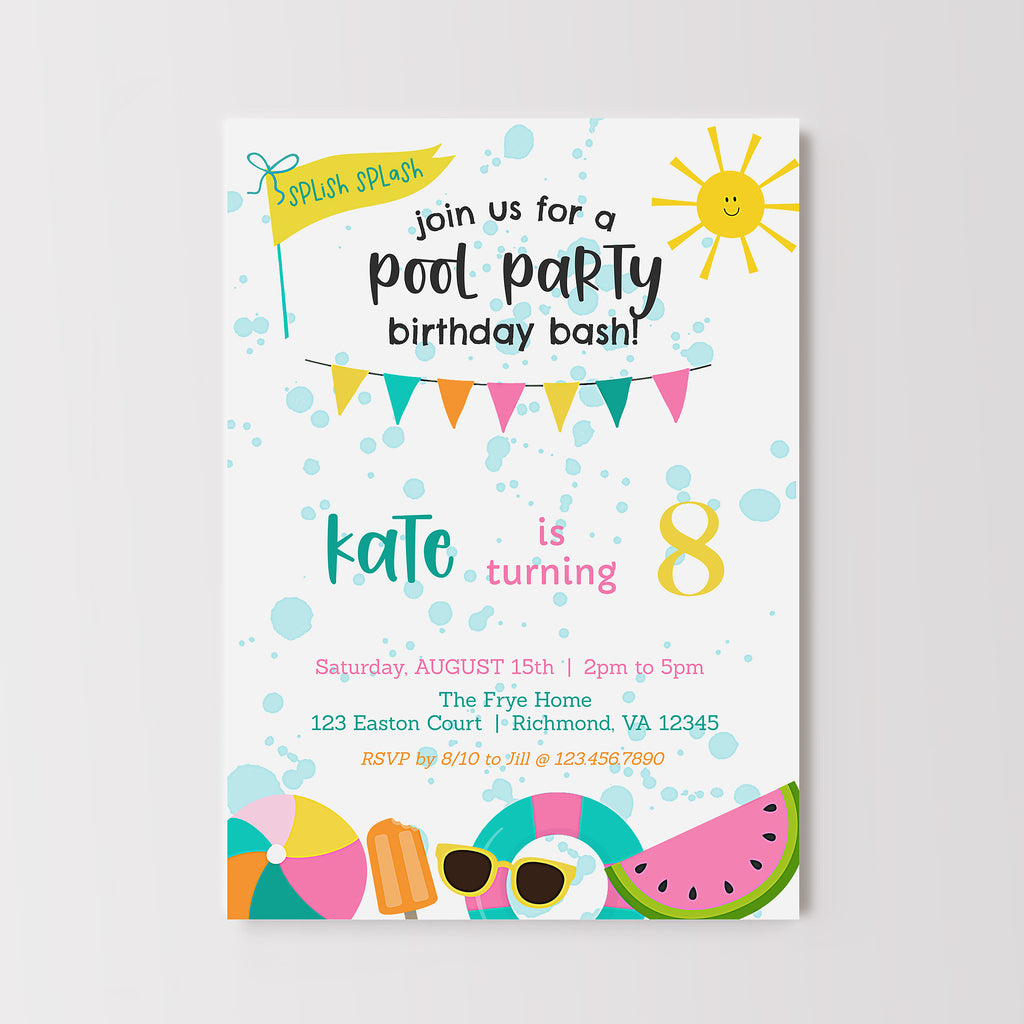 Colorful pool party birthday invitation with text and graphics on a white background
