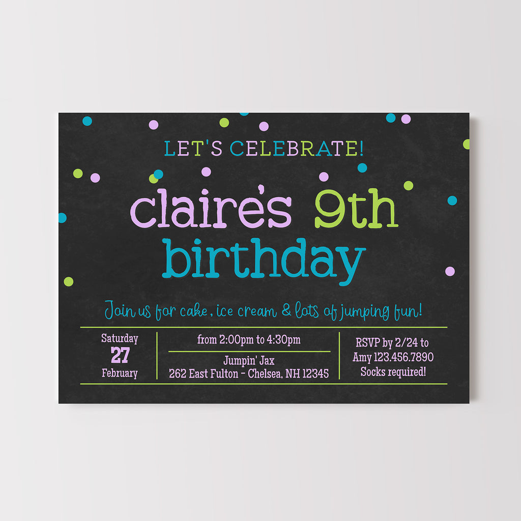 Girls birthday invitation template with black chalkboard background and colorful text and confetti. 