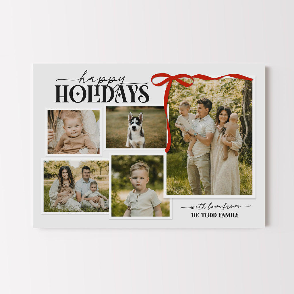 Holiday card featuring 5 collage style photos with elegant black text and a red ribbon and bow detail.