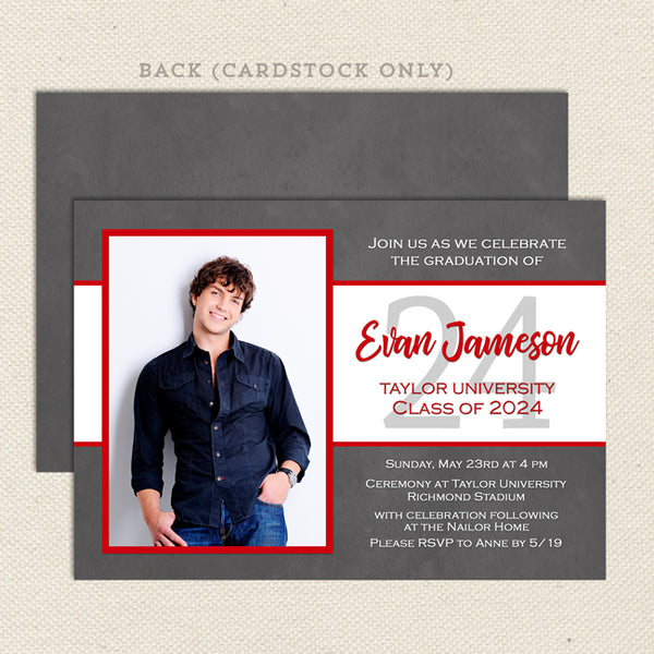 2024 printable graduation announcement with single photo red gray