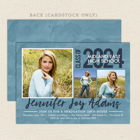 graduation announcement with photos, printable digital file, blue, class of 2024