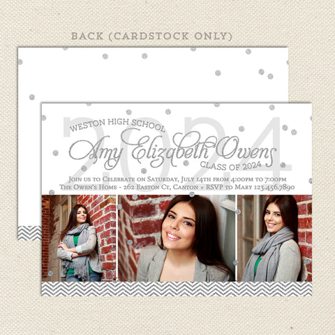 graduation announcement with photos and silver glitter details for class of 2024