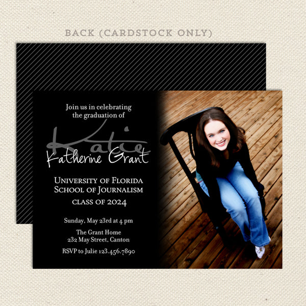 simple graduation announcement with one photo, printable digital file class of 2024 black