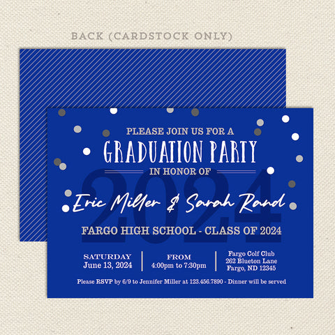 graduation party invitation for class of 2024, printable digital file in blue and white