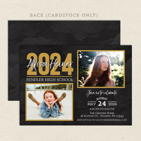 then and now graduation announcement with one childhood photo and one recent senior photo of graduate