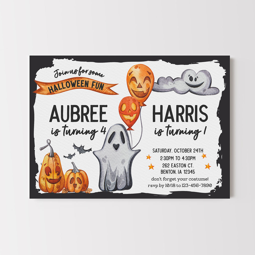 Halloween-themed joint birthday invitation with pumpkins, ghosts, and balloons on a white background.
