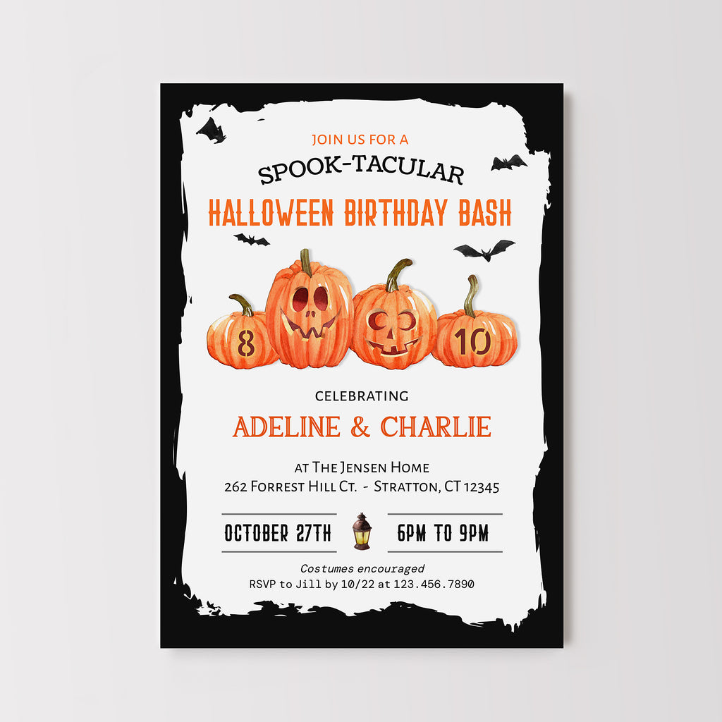 halloween spooktacular birthday invitation with carved jack o lanterns and bats.