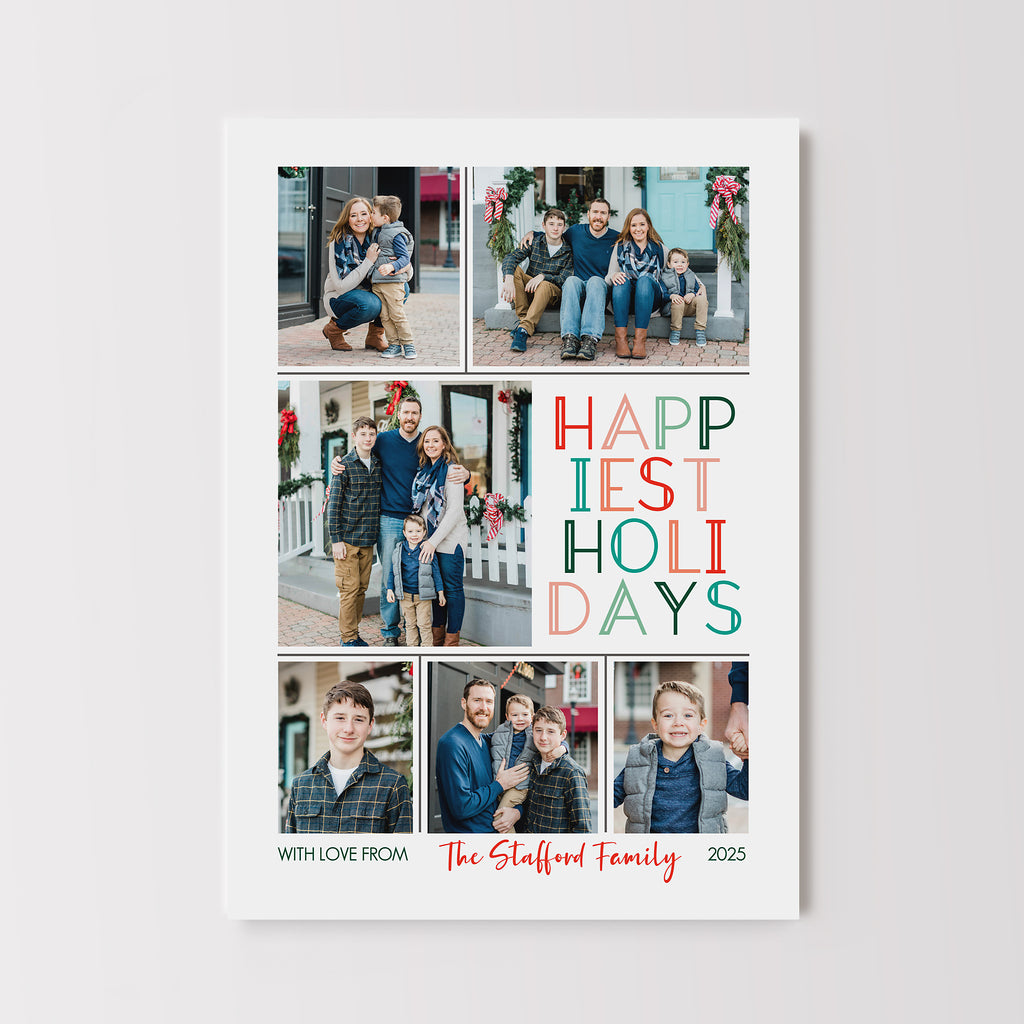 Multiple photo holiday card template in a vertical format with 6 pictures in a grid style on a white background with colorful text. 