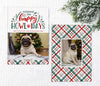 pet photo christmas card with green and red text and plaid on back side