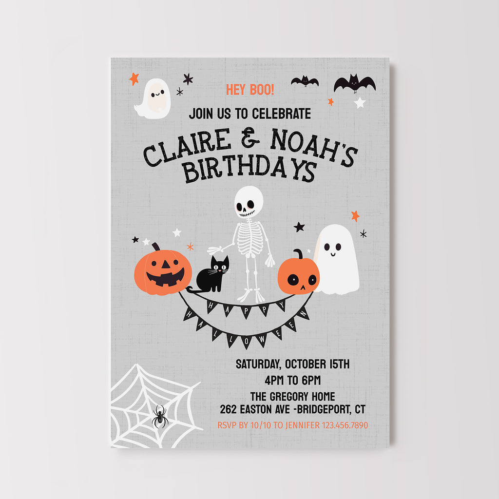 Halloween-themed birthday invitation with ghosts, pumpkins, and a skeleton on a gray background.