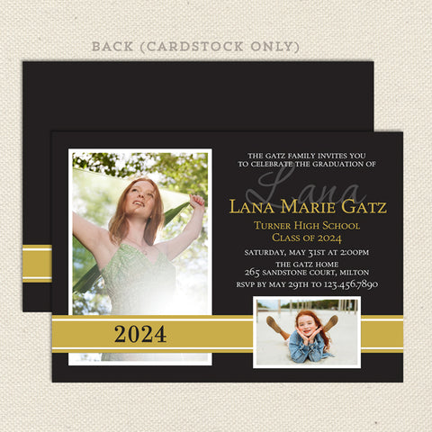high school graduation announcement with two photos black and gold