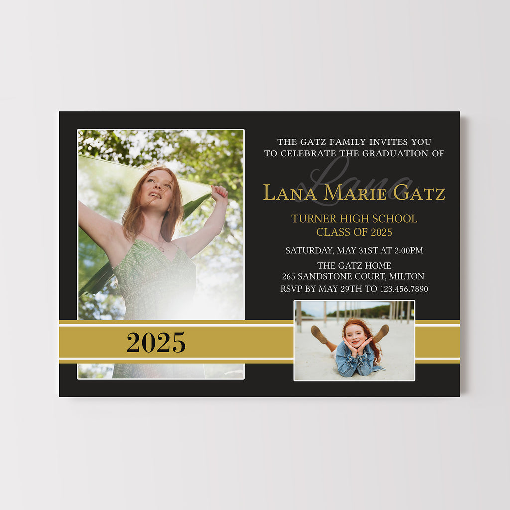 High school graduation announcement with a senior photo and smaller childhood photo, ribbon detail for school color. 