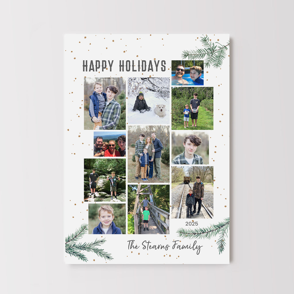 collage style holiday card with 11 photos on a white background with green pine branches and gold dots