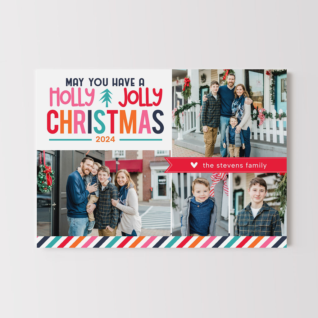 Colorful Christmas card template with family photos and 'Holly Jolly Christmas' text on a white background