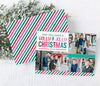 christmas card with pink, green and red stripes and text, four photos and fun holly jolly wording