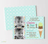 ice cream themed joint birthday invitation for two kids with photos, teal polka dot background, triple scoop ice cream cone detail, double sided