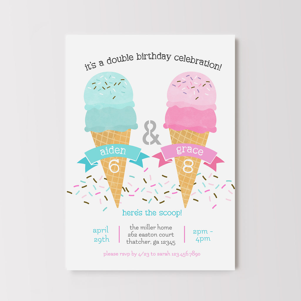 Double birthday celebration invitation with ice cream cones and text on a white background