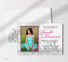 horizontal graduation announcement with a single photo, white background, gray damask accent detail, and gray and pink text, background with damask detail